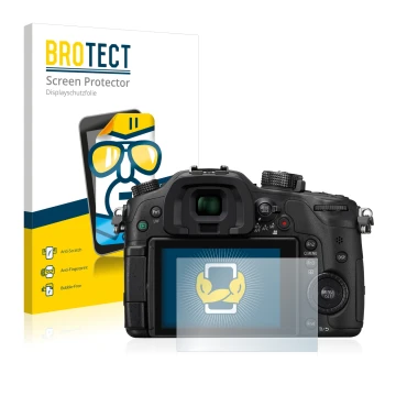 Vorderseite einer Produktverpackung mit dem Markenlogo BROTECT. Daneben ist das Gerät Panasonic Lumix DMC-GH4 mit dem zugehöri