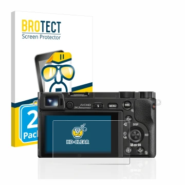 Vorderseite einer Produktverpackung mit dem Markenlogo BROTECT. Daneben ist das Gerät Sony Alpha 6000 mit dem zugehörigen Disp