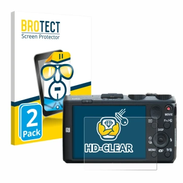 Vorderseite einer Produktverpackung mit dem Markenlogo BROTECT. Daneben ist das Gerät Sony Cyber-Shot DSC-HX60 mit dem zugehör