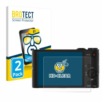 Vorderseite einer Produktverpackung mit dem Markenlogo BROTECT. Daneben ist das Gerät Sony Cyber-Shot DSC-WX350 mit dem zugehö