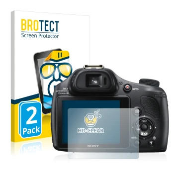 Vorderseite einer Produktverpackung mit dem Markenlogo BROTECT. Daneben ist das Gerät Sony Cyber-Shot DSC-HX400V mit dem zugeh