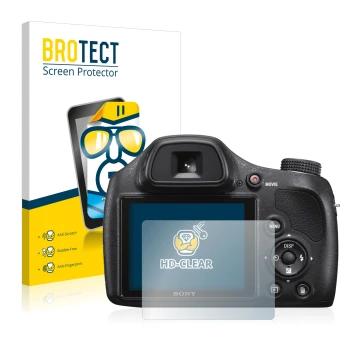 Vorderseite einer Produktverpackung mit dem Markenlogo BROTECT. Daneben ist das Gerät Sony Cyber-Shot DSC-H400 mit dem zugehör