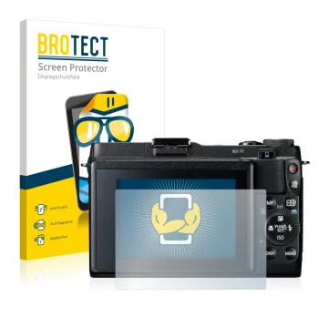 Vorderseite einer Produktverpackung mit dem Markenlogo BROTECT. Daneben ist das Gerät Canon PowerShot G1 X Mark II mit dem zug