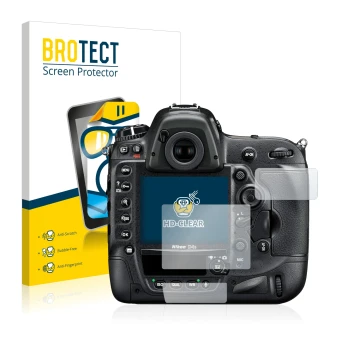 Vorderseite einer Produktverpackung mit dem Markenlogo BROTECT. Daneben ist das Gerät Nikon D4S mit dem zugehörigen Displaysch