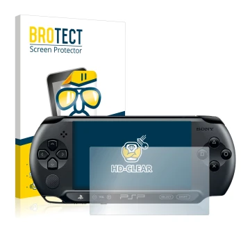 Vorderseite einer Produktverpackung mit dem Markenlogo BROTECT. Daneben ist das Gerät Sony PSP 2000 mit dem zugehörigen Displa
