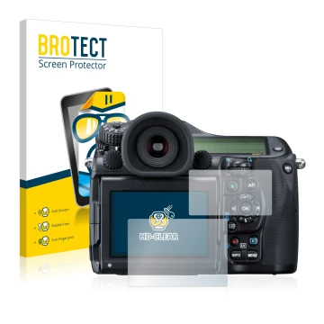 Vorderseite einer Produktverpackung mit dem Markenlogo BROTECT. Daneben ist das Gerät Pentax 645Z mit dem zugehörigen Displays