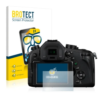 Vorderseite einer Produktverpackung mit dem Markenlogo BROTECT. Daneben ist das Gerät Panasonic Lumix DMC-FZ1000 mit dem zugeh