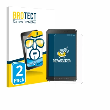Vorderseite einer Produktverpackung mit dem Markenlogo BROTECT. Daneben ist das Gerät Samsung Galaxy Tab Active SM-T365 mit de