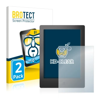 Vorderseite einer Produktverpackung mit dem Markenlogo BROTECT. Daneben ist das Gerät Kobo Aura H2O mit dem zugehörigen Displa