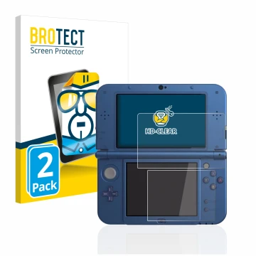 Vorderseite einer Produktverpackung mit dem Markenlogo BROTECT. Daneben ist das Gerät Nintendo New 3DS XL mit dem zugehörigen 