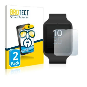 Vorderseite einer Produktverpackung mit dem Markenlogo BROTECT. Daneben ist das Gerät Sony Smartwatch 3 SWR50 mit dem zugehöri