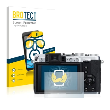 Vorderseite einer Produktverpackung mit dem Markenlogo BROTECT. Daneben ist das Gerät Fujifilm X30 mit dem zugehörigen Display