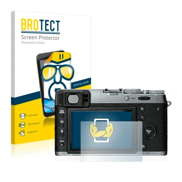 Vorderseite einer Produktverpackung mit dem Markenlogo BROTECT. Daneben ist das Gerät Fujifilm X100T mit dem zugehörigen Displ