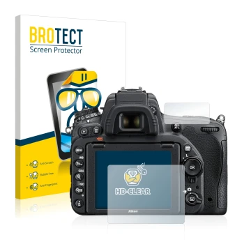 Vorderseite einer Produktverpackung mit dem Markenlogo BROTECT. Daneben ist das Gerät Nikon D750 mit dem zugehörigen Displaysc