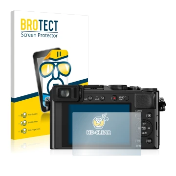 Vorderseite einer Produktverpackung mit dem Markenlogo BROTECT. Daneben ist das Gerät Panasonic Lumix DMC-LX100 mit dem zugehö