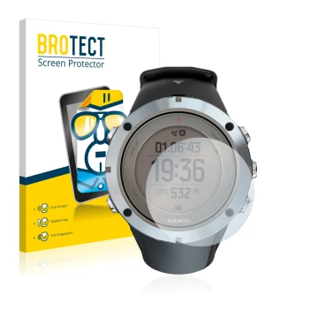 Vorderseite einer Produktverpackung mit dem Markenlogo BROTECT. Daneben ist das Gerät Suunto Ambit3 Peak Sapphire mit dem zuge