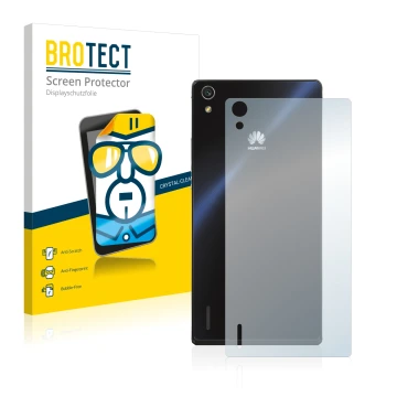 Vorderseite einer Produktverpackung mit dem Markenlogo BROTECT. Daneben ist das Gerät Huawei Ascend P7 (Rückseite) mit dem zug