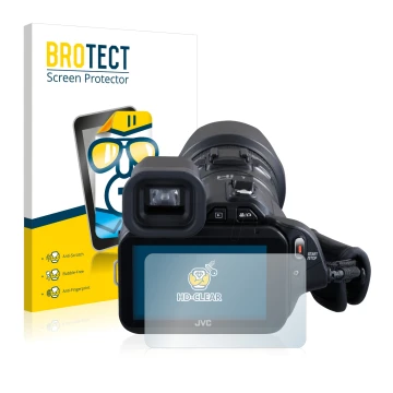 Vorderseite einer Produktverpackung mit dem Markenlogo BROTECT. Daneben ist das Gerät JVC GC-PX100BEU mit dem zugehörigen Disp