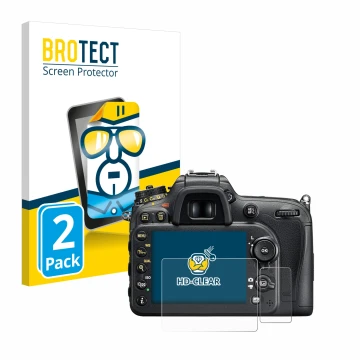 Vorderseite einer Produktverpackung mit dem Markenlogo BROTECT. Daneben ist das Gerät Nikon D7200 mit dem zugehörigen Displays