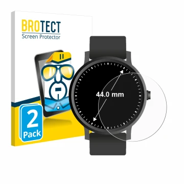 Vorderseite einer Produktverpackung mit dem Markenlogo BROTECT. Daneben ist das Gerät Armbanduhren (Kreisrund, ø: 44 mm) mit d