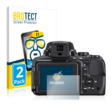 Vorderseite einer Produktverpackung mit dem Markenlogo BROTECT. Daneben ist das Gerät Nikon Coolpix P900 mit dem zugehörigen D