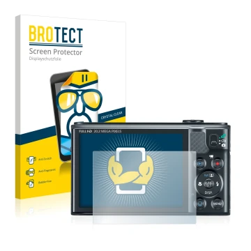 Vorderseite einer Produktverpackung mit dem Markenlogo BROTECT. Daneben ist das Gerät Canon PowerShot SX610 HS mit dem zugehör