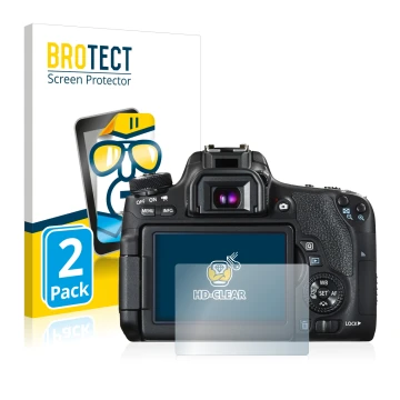 Vorderseite einer Produktverpackung mit dem Markenlogo BROTECT. Daneben ist das Gerät Canon EOS 760D mit dem zugehörigen Displ
