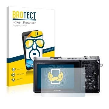 Vorderseite einer Produktverpackung mit dem Markenlogo BROTECT. Daneben ist das Gerät Samsung NX500 mit dem zugehörigen Displa