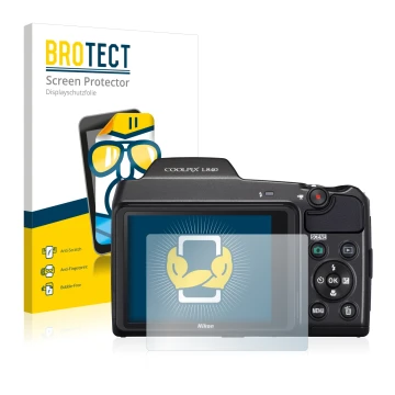 Vorderseite einer Produktverpackung mit dem Markenlogo BROTECT. Daneben ist das Gerät Nikon Coolpix L840 mit dem zugehörigen D