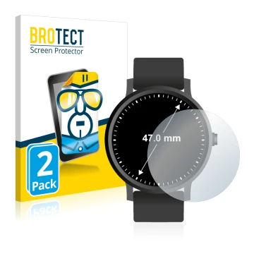 Vorderseite einer Produktverpackung mit dem Markenlogo BROTECT. Daneben ist das Gerät Armbanduhren (Kreisrund, ø: 47 mm) mit d