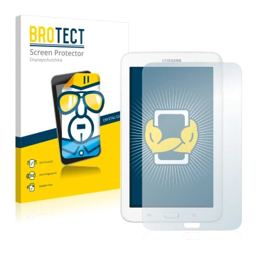 Vorderseite einer Produktverpackung mit dem Markenlogo BROTECT. Daneben ist das Gerät Samsung Galaxy Tab 3 SM-T113 mit dem zug