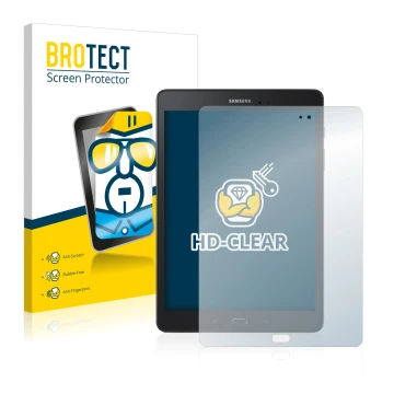 Vorderseite einer Produktverpackung mit dem Markenlogo BROTECT. Daneben ist das Gerät Samsung Galaxy Tab A 9.7 mit dem zugehör