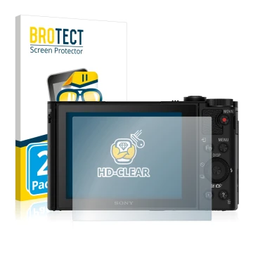 Vorderseite einer Produktverpackung mit dem Markenlogo BROTECT. Daneben ist das Gerät Sony Cyber-Shot DSC-HX90V mit dem zugehö