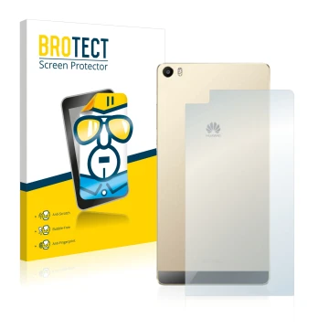 Vorderseite einer Produktverpackung mit dem Markenlogo BROTECT. Daneben ist das Gerät Huawei P8 Max (Rückseite) mit dem zugehö