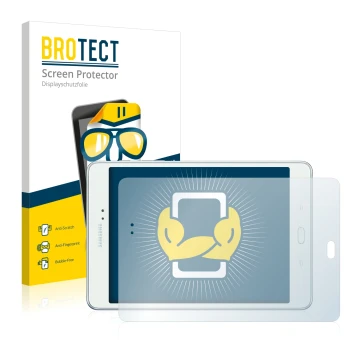Vorderseite einer Produktverpackung mit dem Markenlogo BROTECT. Daneben ist das Gerät Samsung Galaxy Tab A 8.0 mit dem zugehör