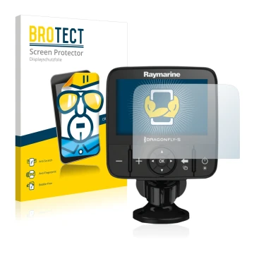 Vorderseite einer Produktverpackung mit dem Markenlogo BROTECT. Daneben ist das Gerät Raymarine Dragonfly 5 mit dem zugehörige