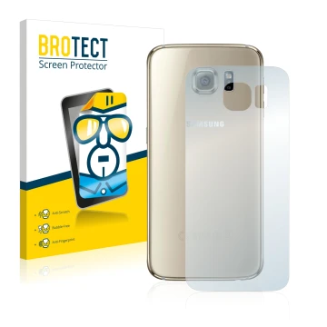Vorderseite einer Produktverpackung mit dem Markenlogo BROTECT. Daneben ist das Gerät Samsung SM-G920F (Rückseite) mit dem zug