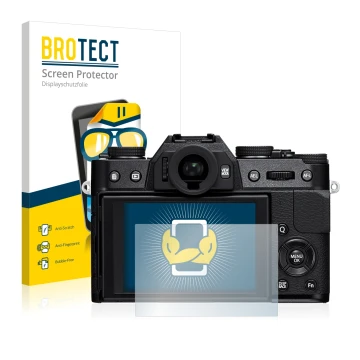 Vorderseite einer Produktverpackung mit dem Markenlogo BROTECT. Daneben ist das Gerät Fujifilm X-T10 mit dem zugehörigen Displ