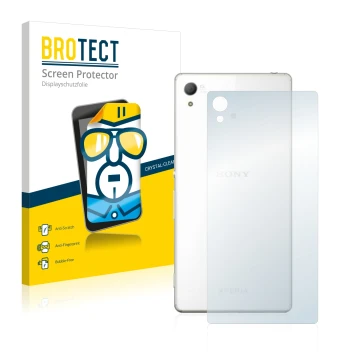 Vorderseite einer Produktverpackung mit dem Markenlogo BROTECT. Daneben ist das Gerät Sony Xperia Z4 (Rückseite) mit dem zugeh