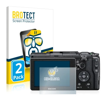 Vorderseite einer Produktverpackung mit dem Markenlogo BROTECT. Daneben ist das Gerät Ricoh GR II 2015 mit dem zugehörigen Dis
