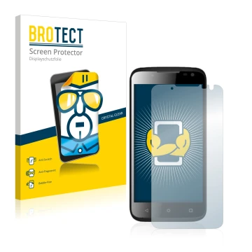 Vorderseite einer Produktverpackung mit dem Markenlogo BROTECT. Daneben ist das Gerät Yezz Andy 4.5EL mit dem zugehörigen Disp