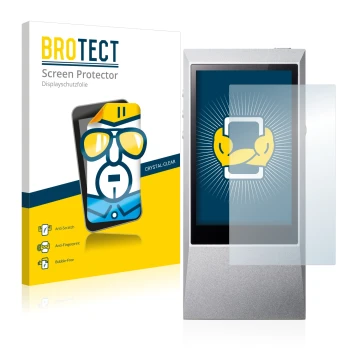 Vorderseite einer Produktverpackung mit dem Markenlogo BROTECT. Daneben ist das Gerät Astell&Kern AK Jr mit dem zugehörigen Di