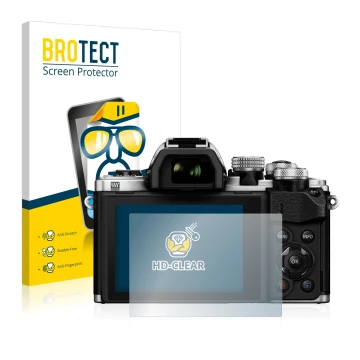 Vorderseite einer Produktverpackung mit dem Markenlogo BROTECT. Daneben ist das Gerät Olympus OM-D E-M10 Mark II mit dem zugeh