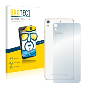 Vorderseite einer Produktverpackung mit dem Markenlogo BROTECT. Daneben ist das Gerät Gionee Elife S5.1 Pro (Rückseite) mit de