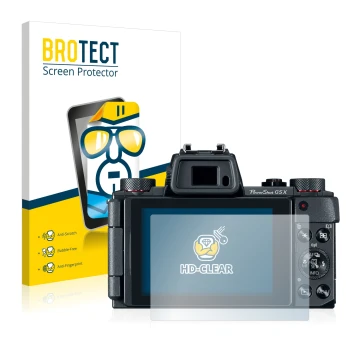 Vorderseite einer Produktverpackung mit dem Markenlogo BROTECT. Daneben ist das Gerät Canon PowerShot G5 X mit dem zugehörigen