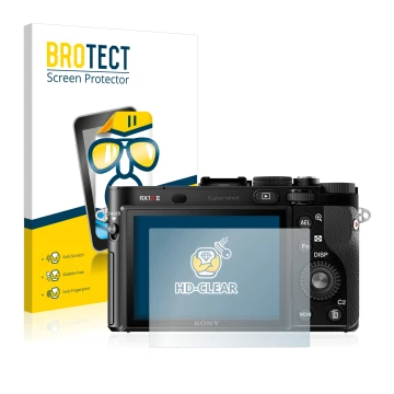 Vorderseite einer Produktverpackung mit dem Markenlogo BROTECT. Daneben ist das Gerät Sony Cyber-Shot DSC-RX1R II mit dem zuge