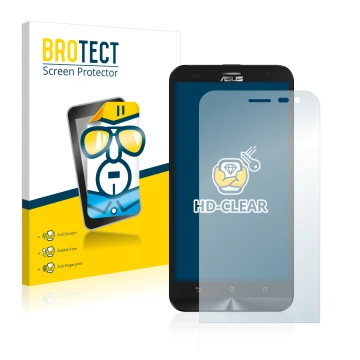 Vorderseite einer Produktverpackung mit dem Markenlogo BROTECT. Daneben ist das Gerät ASUS ZenFone 2 Laser ZE500KG mit dem zug
