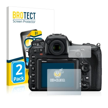 Vorderseite einer Produktverpackung mit dem Markenlogo BROTECT. Daneben ist das Gerät Nikon D500 mit dem zugehörigen Displaysc