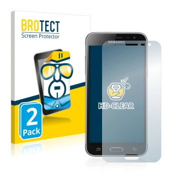 Vorderseite einer Produktverpackung mit dem Markenlogo BROTECT. Daneben ist das Gerät Samsung Galaxy J3 Duos 2016 mit dem zuge
