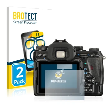 Vorderseite einer Produktverpackung mit dem Markenlogo BROTECT. Daneben ist das Gerät Pentax K-1 mit dem zugehörigen Displaysc
